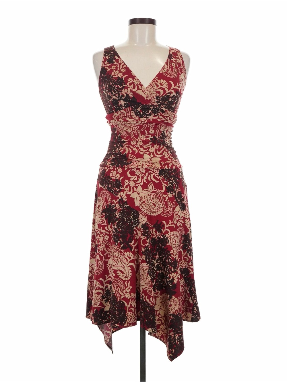 Caché Red Paisley V-Neck Handkerchief Hem Dress